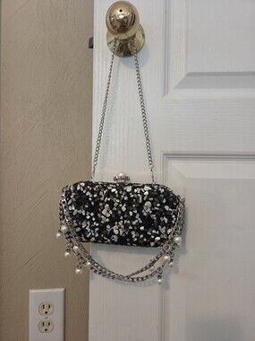 Black & White Sequin Pearl-Accent Evening Clutch